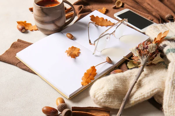 Blank Book Cup Tea Mobile Phone Eyeglasses Autumn Decor Light — Stock Photo, Image