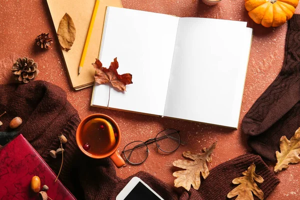 Blank Book Cup Tea Eyeglasses Autumn Decor Grunge Background — Stock Photo, Image