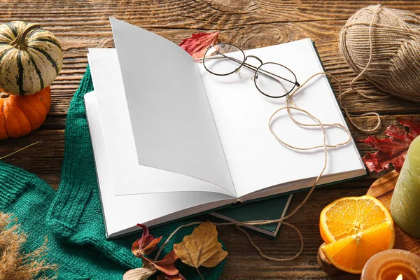 Blank Book Eyeglasses Autumn Decor Wooden Background Closeup — Stock Photo, Image