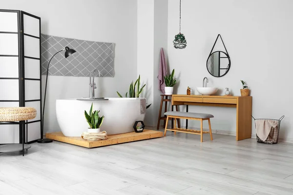 Interior Light Bathroom Sink Mirror Bench — Fotografia de Stock