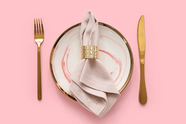 Stylish Table Setting Pink Background — Stock Photo, Image