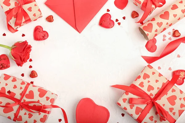 Frame Made Gifts Valentine Day Hearts Light Background — Stock Photo, Image