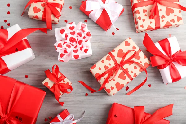 Gifts Valentine Day Grey Wooden Background — Stock Photo, Image