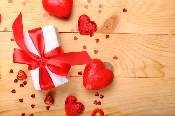 Gift Valentine Day Wooden Background — Stock Photo, Image
