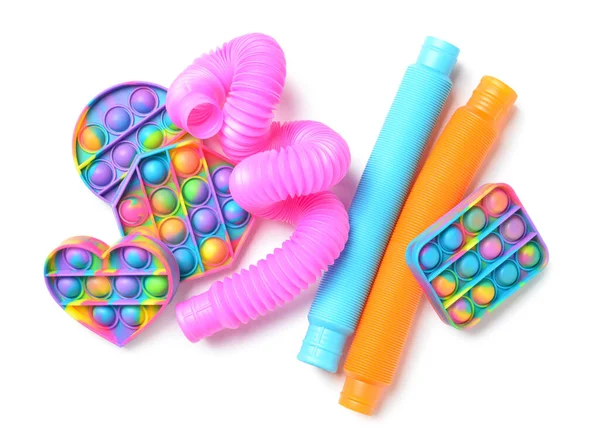 Kleurrijke Pop Tubes Pop Fidget Speelgoed Witte Achtergrond — Stockfoto