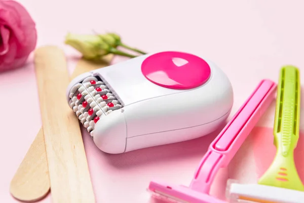 Modern Epilator Different Supplies Hair Removal Pink Background — Stock Photo, Image