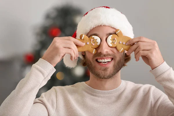 Funny Young Man Santa Hat Gingerbread Cookies Home Christmas Eve — Stock Photo, Image