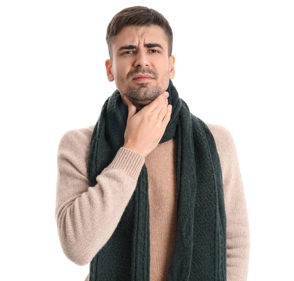 Ill Young Man Sore Throat White Background — Stock Photo, Image