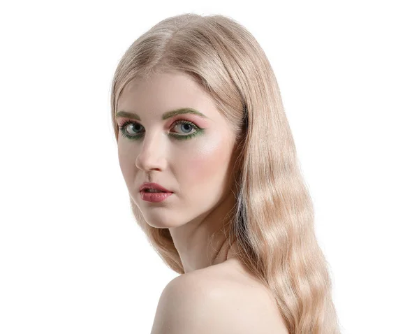 Beautiful Girl Unusual Eyebrows White Background — Stock Photo, Image