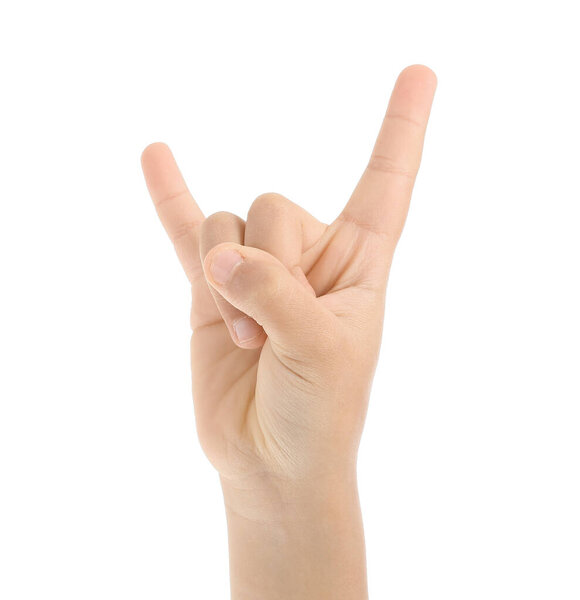 Child showing "devil horns" on white background