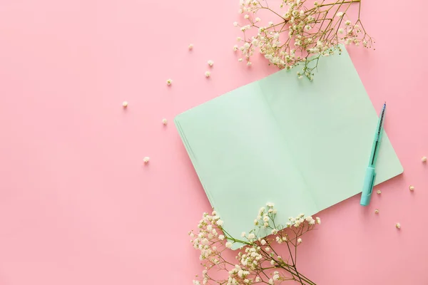 Blank Open Notebook Pen Gypsophila Flowers Pink Background — Stock Photo, Image
