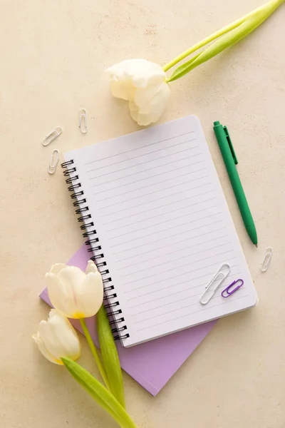 配上笔记本 美丽的花朵和彩色背景的文具 — 图库照片