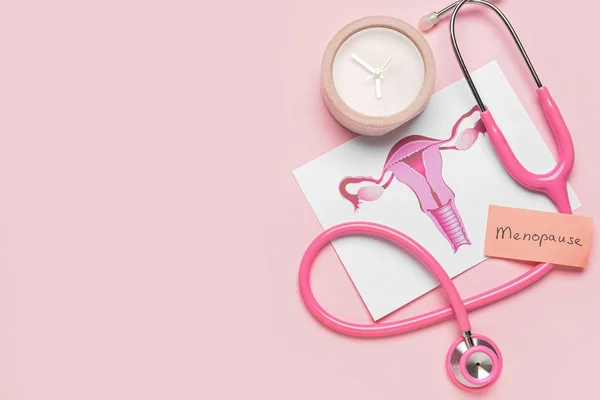 Papers Word Menopause Uterus Stethoscope Alarm Clock Pink Background — Stock Photo, Image