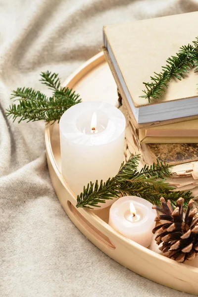 Wooden Tray Burning Candles Fir Tree Branches Books Plaid — Stock Photo, Image