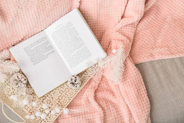 Podnos Krásnou Zimní Výzdobou Otevřenou Knihu Pohodlné Pohovce — Stock fotografie