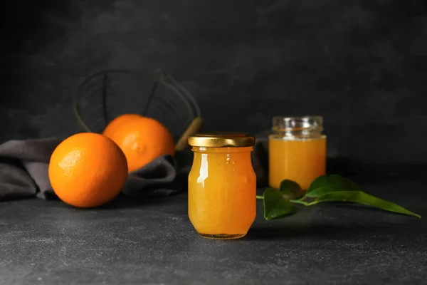 Glass Jar Tasty Orange Jam Dark Background — Stock Photo, Image
