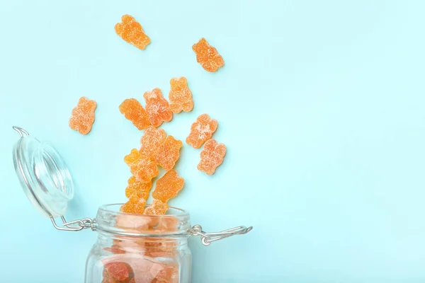 Glass Jar Tasty Jelly Bears Color Background — Stock Photo, Image