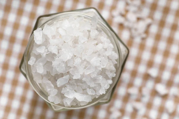 Jar Sea Salt Table Closeup — Stock Photo, Image