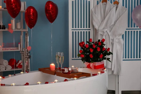 Tray Engagement Ring Glasses Champagne Burning Candles Bathtub Room Decorated — Stock Photo, Image