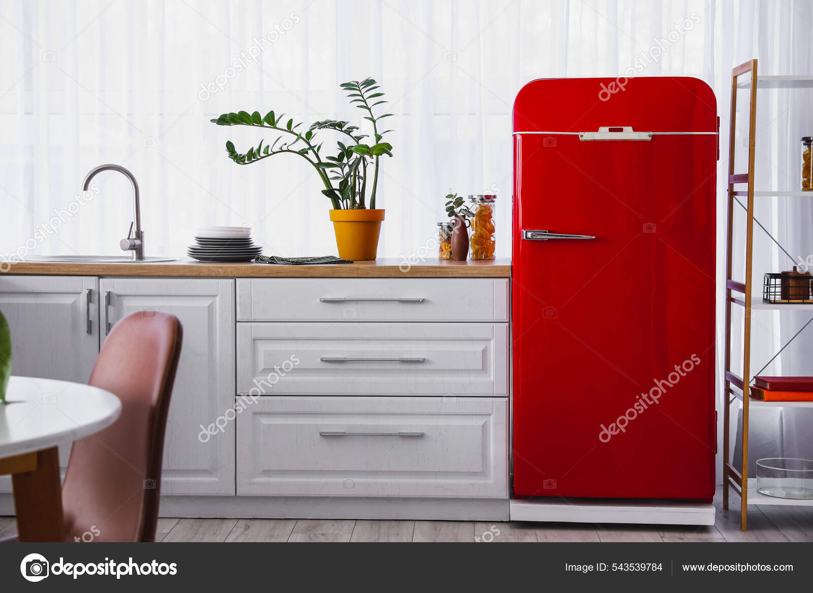 Stylish Red Refrigerator Counter Houseplant Kitchen Stock Photo by