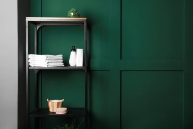 Banyo malzemesi ve duvar boyası olan raf ünitesi.