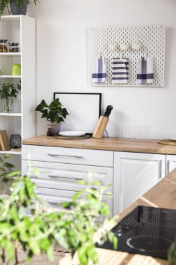 Modern mobilyaları ve beyaz duvarları olan aydınlık mutfağın içi.