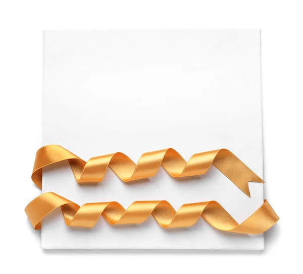 Blank Board Golden Ribbons White Background — Stock Photo, Image