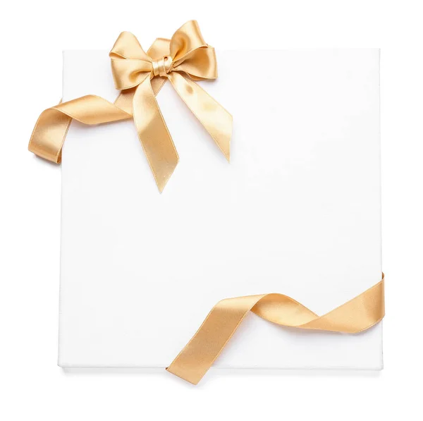 Blank Board Golden Ribbon Bow White Background — Stock Photo, Image