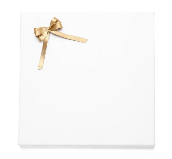 Blank Board Golden Ribbon Bow White Background — Stock Photo, Image