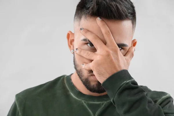 Young Man Brown Eyes Stylish Manicure Closing His Face Hand — Stock Photo, Image