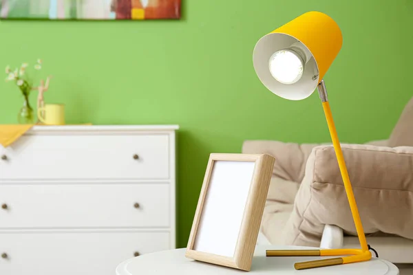 Glowing Lamp Blank Photo Frame Table Room — Stock Photo, Image