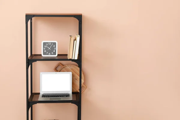 Stylish Shelf Unit Decor Modern Laptop Color Wall — Stock Photo, Image