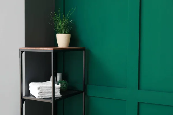 Shelf Unit Towels Houseplant Color Wall Closeup — Stock Photo, Image