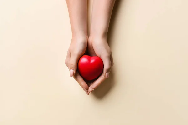 Woman Holding Red Heart Color Background Closeup Donation Concept — Stock Photo, Image