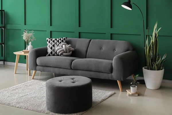 Comfortable Pouf Sofa Floor Lamp Houseplants Color Wall — Stock Photo, Image