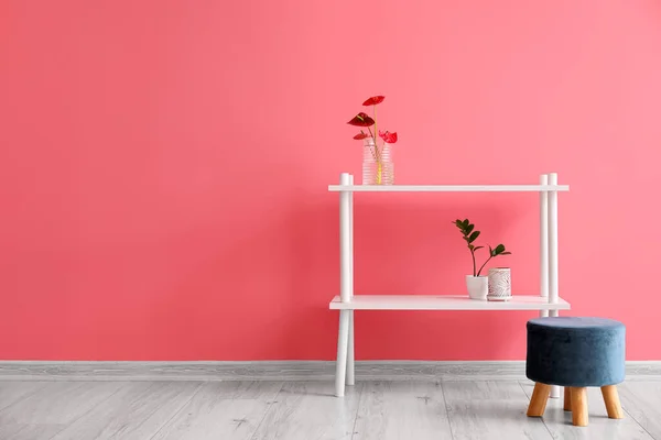 Vase Flowers Houseplant Shelf Unit Pouf Color Wall — Stock Photo, Image