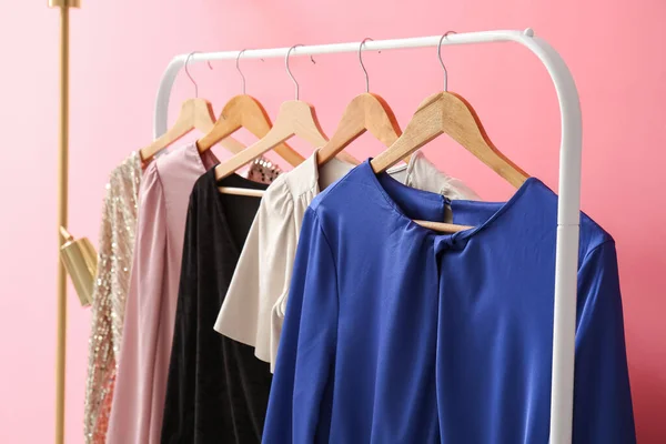 Hanger Stylish Dresses Color Wall Closeup — Stock Photo, Image