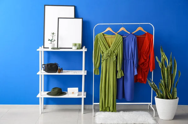 Hanger Stylish Dresses Shelf Unit Female Accessories Blank Photo Frames — Stock Photo, Image
