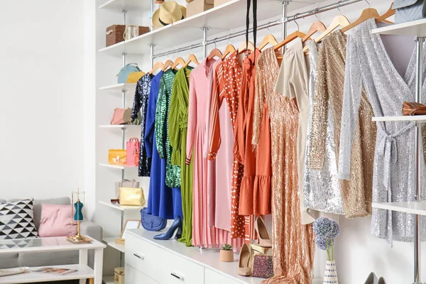 Hangers Different Stylish Dresses Boutique Interior — Stock Photo, Image