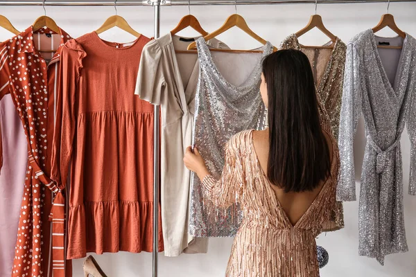 Fashionable Woman Choosing Dress Dressing Room — Stock Photo, Image