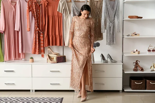 Beautiful Woman Wearing Elegant Dress Stylish Shoes Dressing Room — Stock Photo, Image