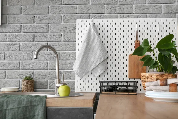 Modern Counter Pegboard Kitchen Utensils Grey Brick Wall — Stock Photo, Image