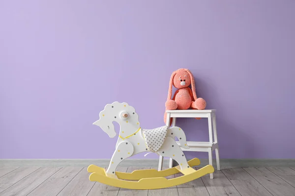 Rocking Horse Stepladder Stool Toy Rabbit Color Wall — Stock Photo, Image