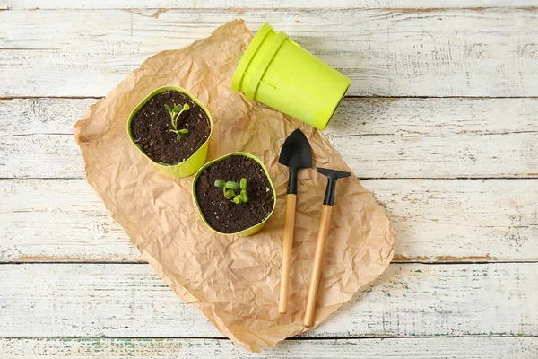 Flower Pots Gardening Tools Light Wooden Background — Stock Photo, Image