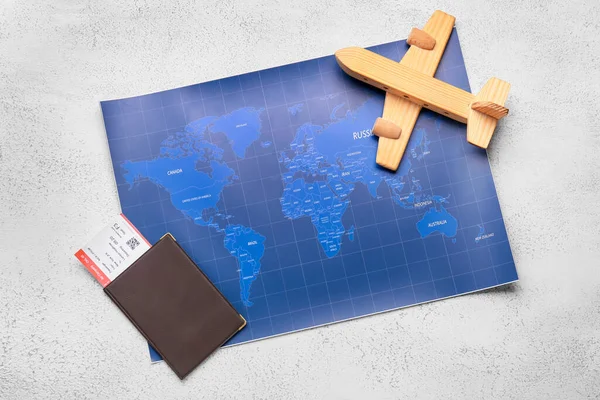 World Map Passport Ticket Wooden Plane Light Background — Stock Photo, Image