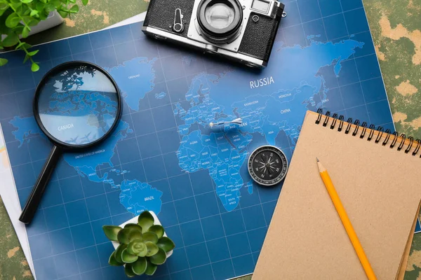 Magnifying Glass Photo Camera Houseplants Compass Notebook Color Background — Stock Photo, Image