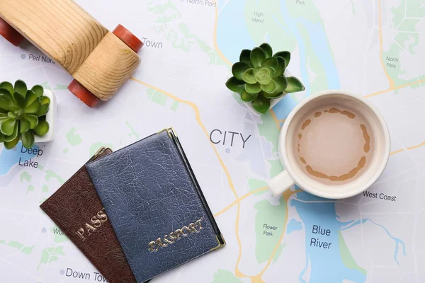 Wooden Car Cup Coffee Houseplants Passports Map — Stock Photo, Image