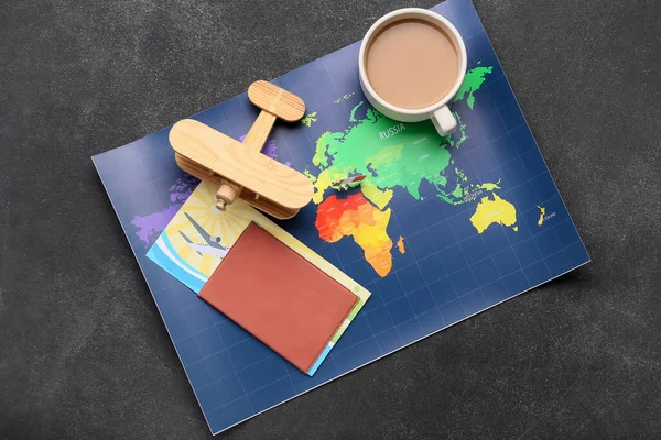 Cup Coffee Wooden Plane Passport Ticket Map Dark Background — Stock Photo, Image