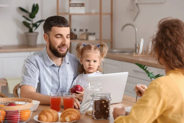 Happy Young Family Having Breakfast Kitchen Home — Stock Photo, Image