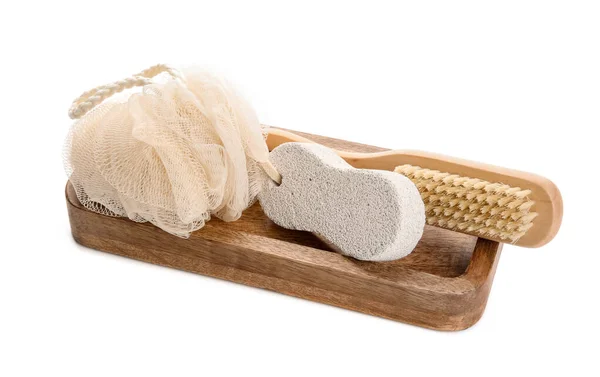Wooden Board Bath Sponge Pumice Massage Brush White Background — Stock Photo, Image